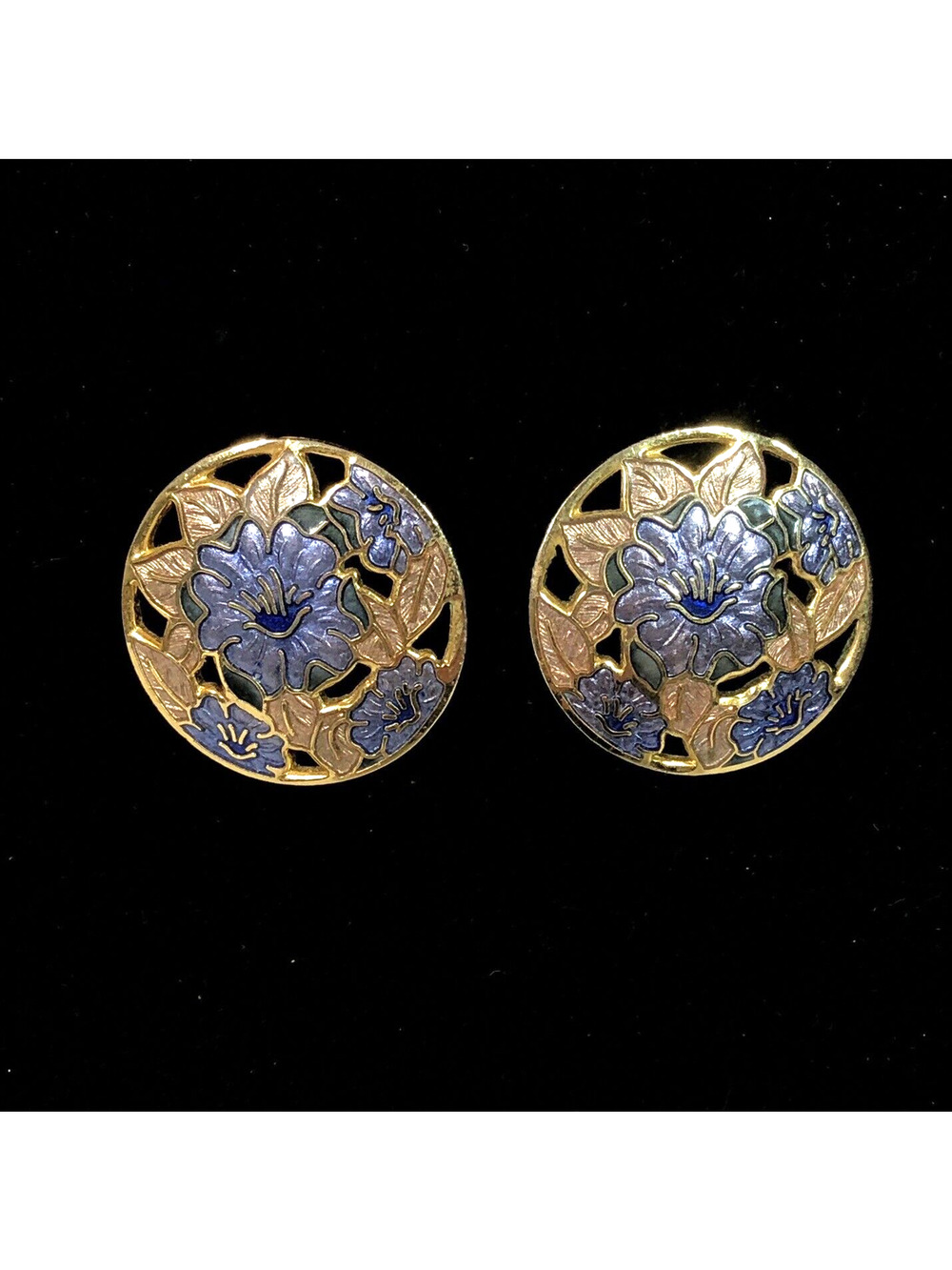 Retro Enamel Purple Earrings Gold Flower Circle Pierced Cutouts, Fish and Crown
